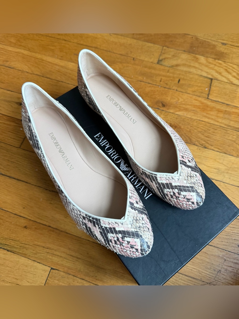 Emporio Armani Vinrage Pink Snake-Print Ballet Flats